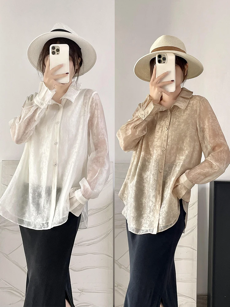 

Double Layer Silk Blouse Spring New Sle Chinese Sle Floral Collar irt Women's Loose Fit Long Sve Breathable Polyester