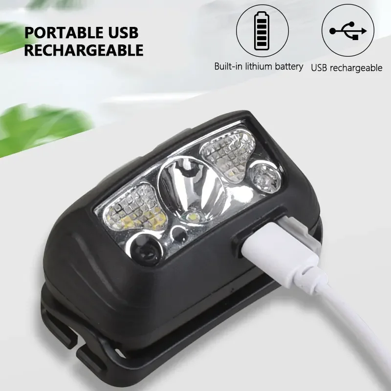Mini LED Headlamp 6000LM With Body Motion Sensor USB Rechargeable Headlight white+red Mode Camping Flashlight Head Light  Lamp