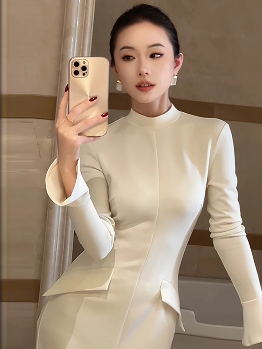 VGH Elegant Slimming Solid Long Dress For Women Turtleneck Flare Sleeve High Waist Temperament Bodycon Dress Female Fashion New