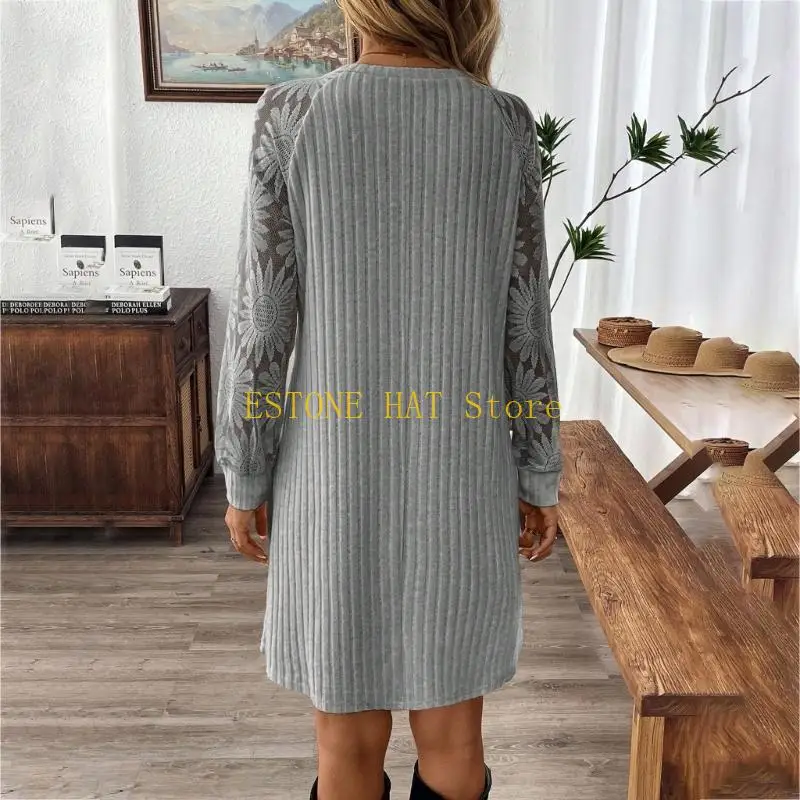 49MF ชุดเดรสแขนยาว ชุดเดรสฤดูใบไม้ร่วง ลูกไม้แขนยาวรอบคอ ชุดเดรสเอว ผู้หญิงชุดลำลอง