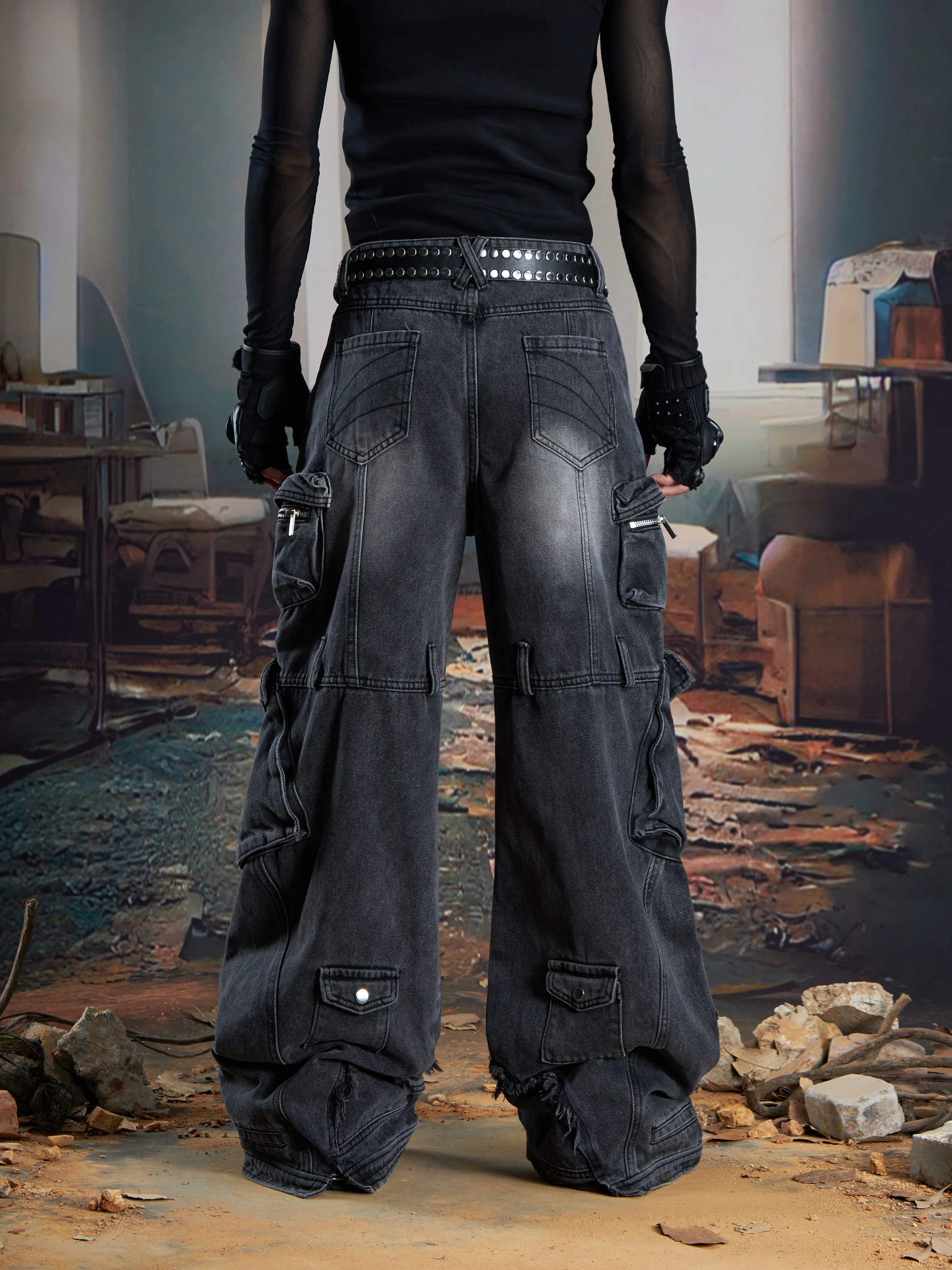 Special-Interest Design Deconstructed Three-Dimensional Multi-Pocket Trousers Cut Washed and Worn Loose Straight Cargo Jeans