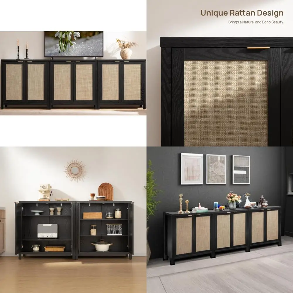 ボヘミアンスタイルの大きなラタン製コーヒーバーキャビネット（収納付き）- 3ピースファームハウスコンソールセット