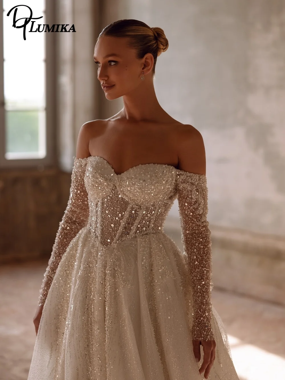 Celestial Off Shoulder Long Sheer Sleeve A Line Wedding Dress 2026 Customized Glitter Corset Bodice Bridal Gown Vestido De Novia