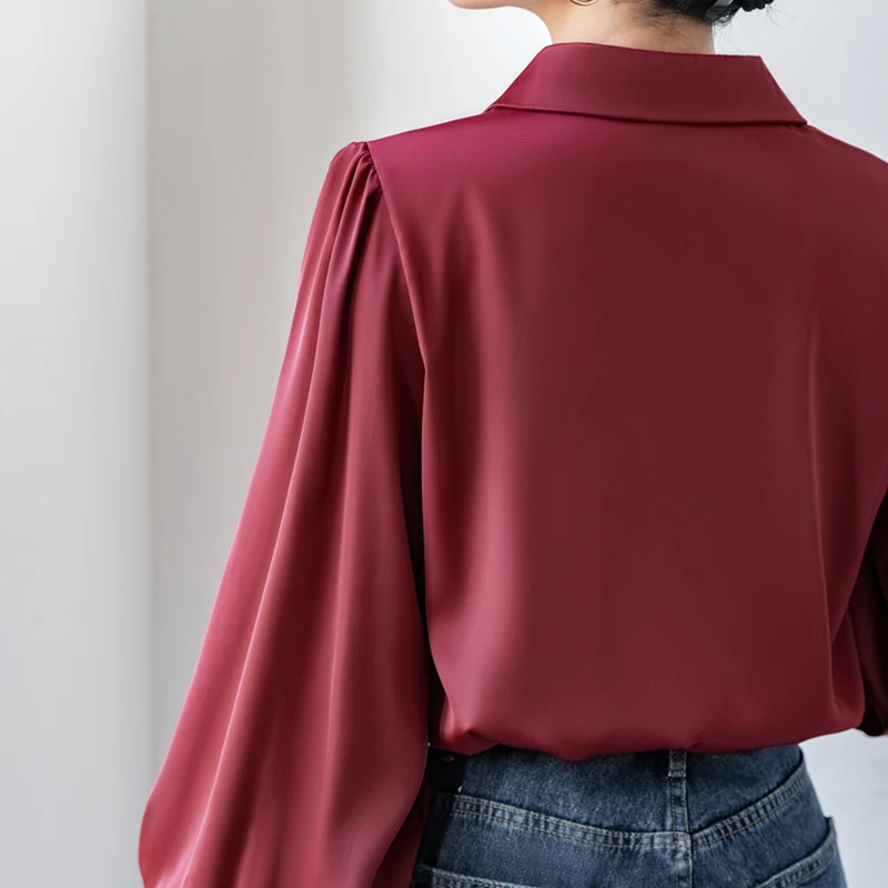 QOERLIN French Vintage Red Notched Collar Shirt Women Satin OL Elegant Lantern Sleeve Tops Blouse Long Sleeve Office Shirts S-XL