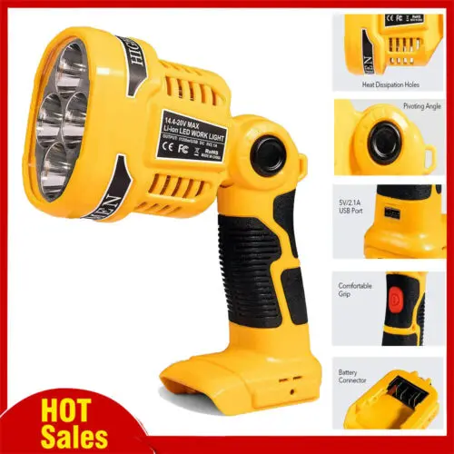 

1120LM LED Work Light Flashlight 12W Spotlight For DeWalt 20V MAX Li-Ion Battery with USB Port 110 Degree Plvoting Head Lamp