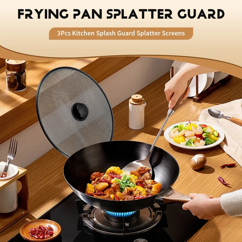3Pcs Kitchen Splash Guard Splatter Screens Frying Pan Splatter Guard Grease Splatter Screen Mesh Oil Proof Pot Lid