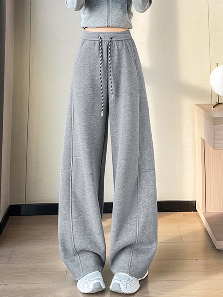 Pantalones Anchos de Cintura Alta con Forro, Corte Recto Informal, Pantalones Deportivos para Mujer, Novedad de Otoño Invierno