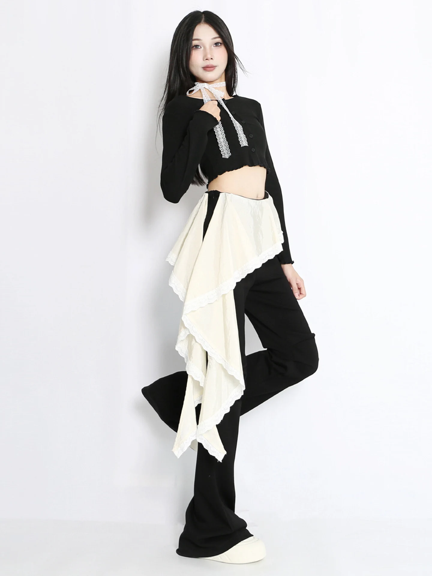 Bot de campana adelgazante de cintura alta con diseño de encaje, pantalones informales a la moda para niñas, piernas micro acampanadas, cierre de cremallera de fibra de poliéster