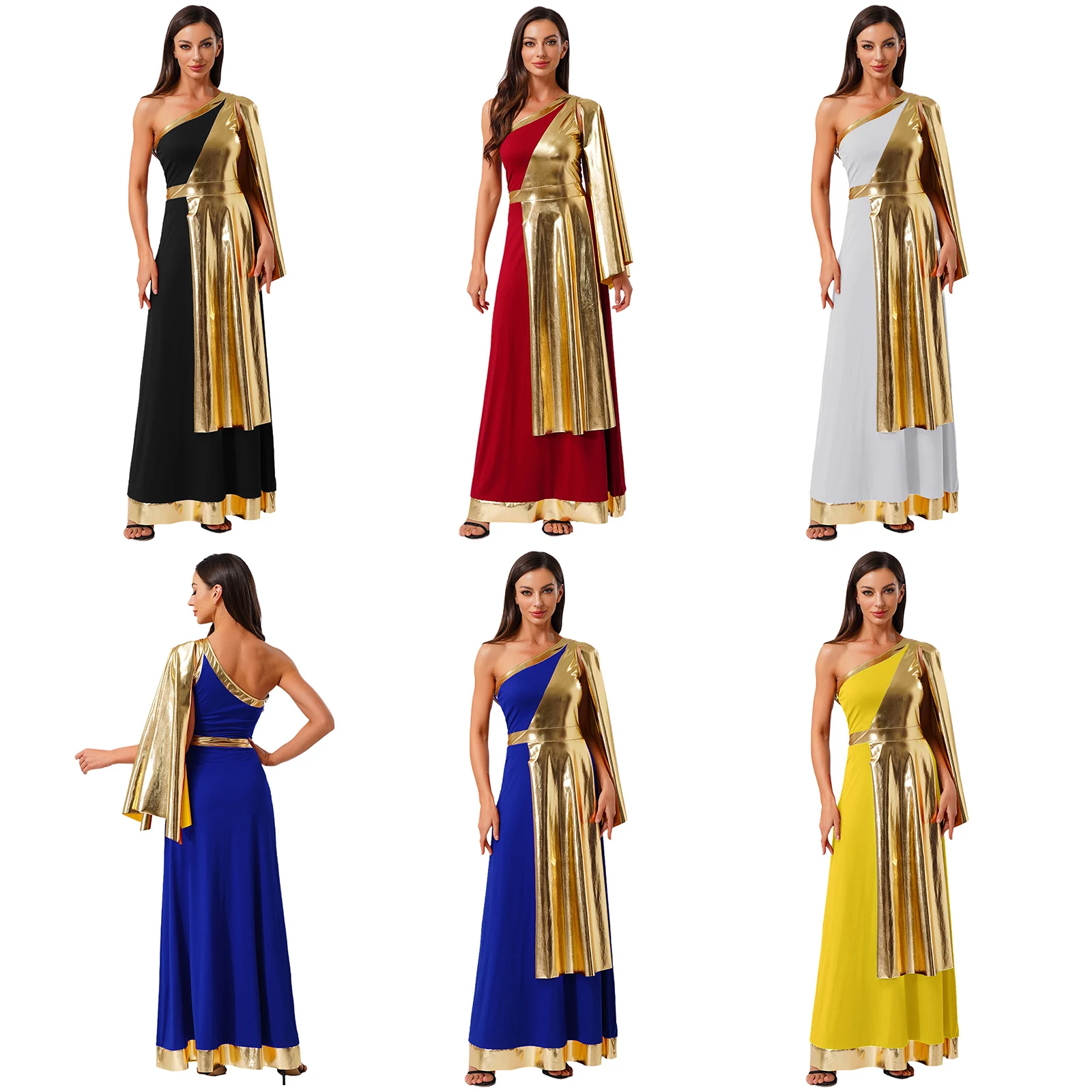 Halloween Fancy Dress-up Ancient Greek Roman Beauty Tunic Dress Party Costume One Shoulder Metallic Layer Toga Dress for Womens