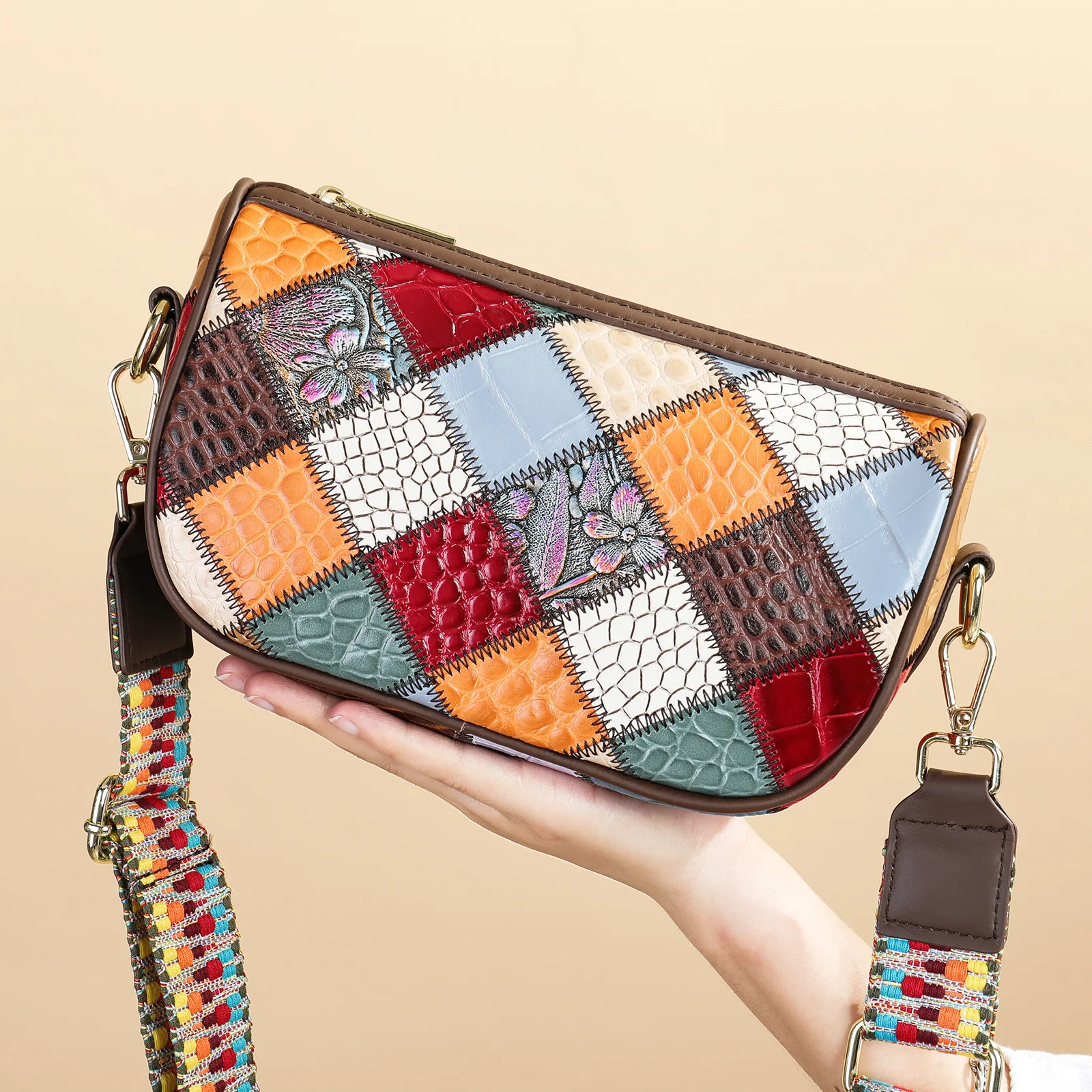 

Vintage Leather Women's Bag Patchwork Shoulder Bag Diamond Satchel Fashion Phone Bag Bohemian Style Woven Strap Crossbody Bag