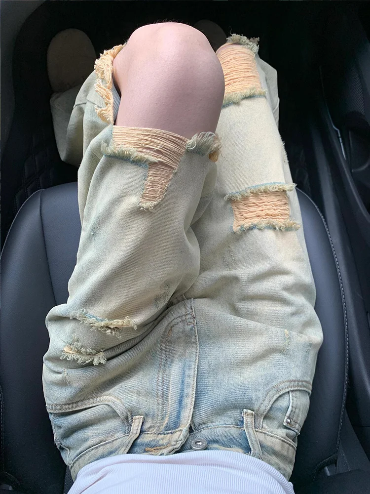 

Американские винтажные рваные джинсовые джинсы High Street, женские летние тонкие брюки с нерегулярной высокой талией, тонкие широкие длинные брюки