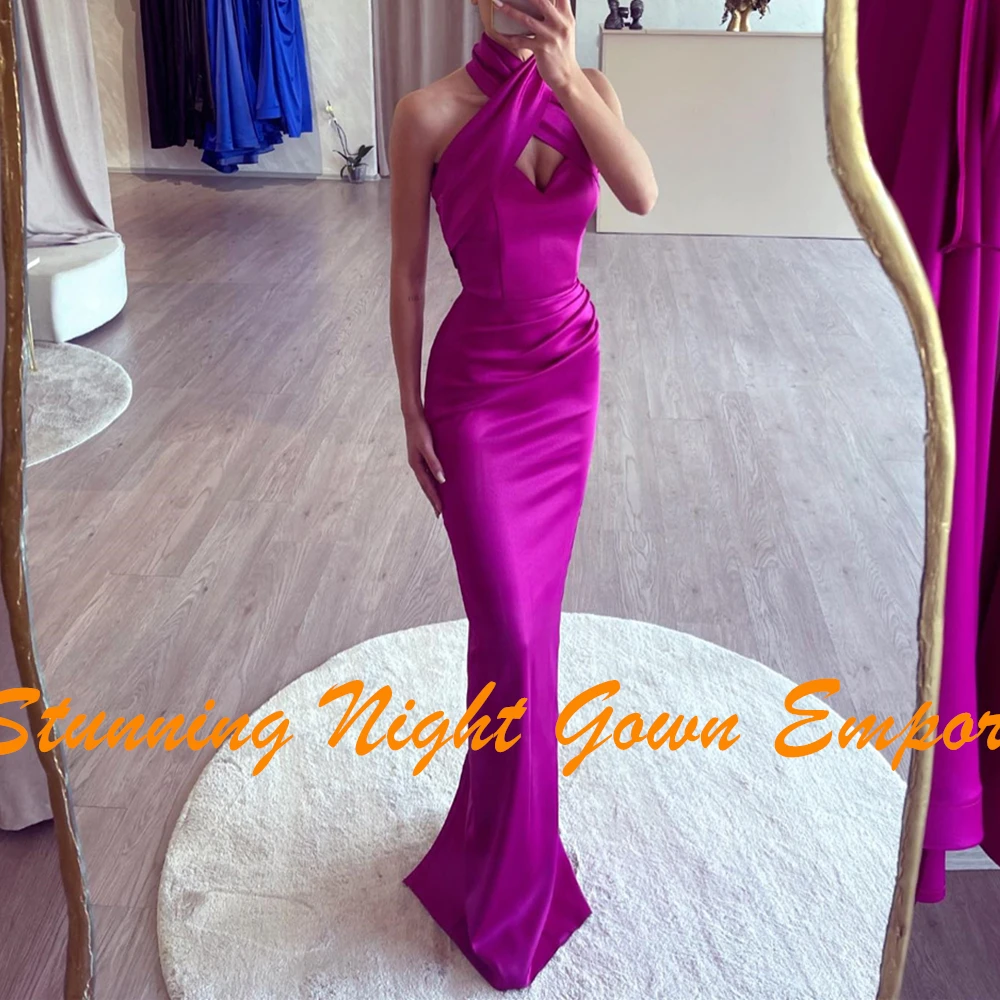 Customized Elegant Halter Sweetheart Pleats Evening Dresses Temperament Sheath Satin Purple Party Gowns فساتين سهره نسائيه فخمة