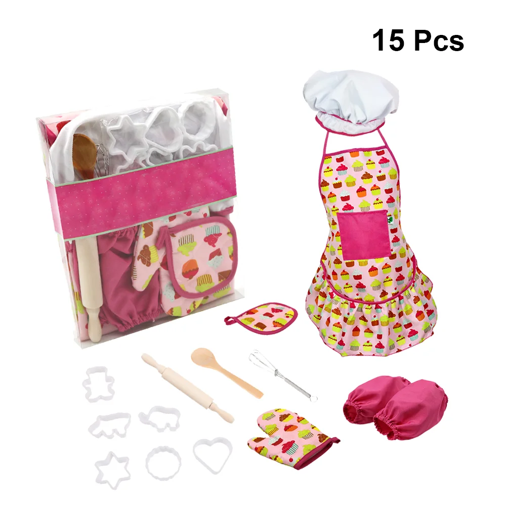 15 Pcs Kids Kitchenware Set Toy Girl Safe Wooden Chef Cosplay Costume Hat