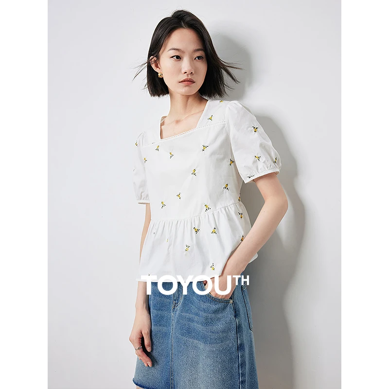 TOYOUTH Womens Short Sleeve T-shirt 2024 Summer New Flower Embroidered Shirt Square Neck Buff Sleeve Doll Shirt