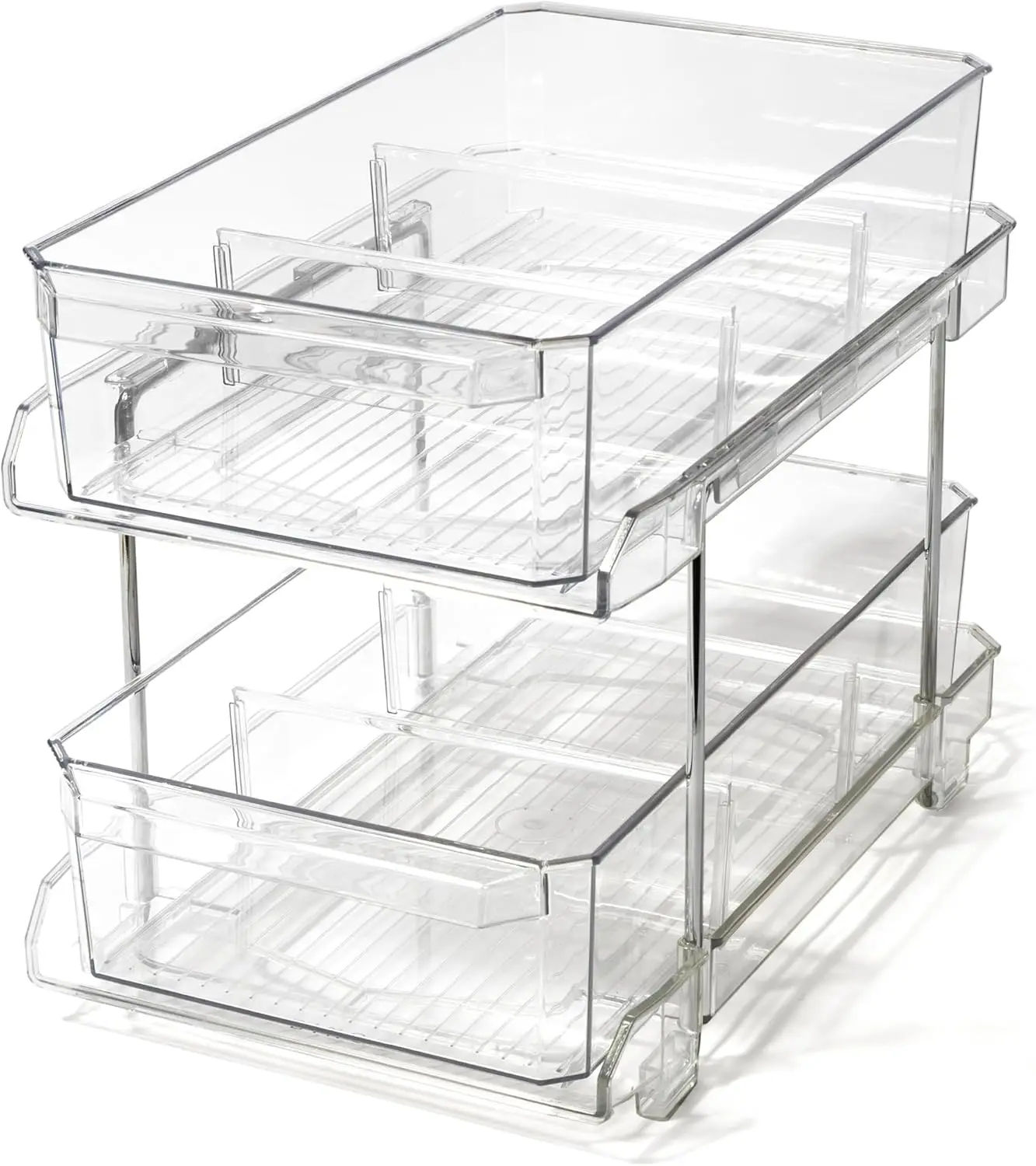 

2 Tier Clear Storage Organizer with Dividers | Slide Out Drawer for Under Sink or Medicine Cabinet | Bathroom Closet, Vanity,