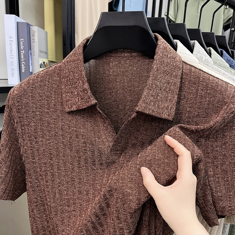 Herren Atmungsaktives Strick-Poloshirt Kurzarm V-Ausschnitt Gestreifter Stoff Bequem Leichtgewichtig Lässig Business Tägliche Kleidung – Detail 6