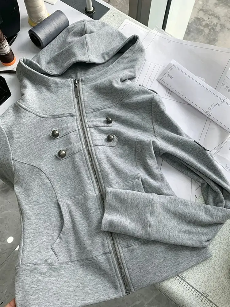 Autumn Y2K American Streetwear Women Celebrity Style Cotton Cropped Zip Up Hooded Jacket Napoleon Buttons Slim Fit Daily Outfit