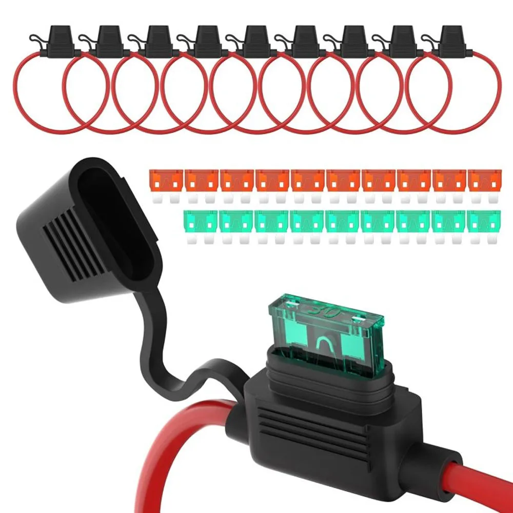 10 Pack 12 AWG Inline 12V Fuse Holder,ATO/ATC Inline Fuse Holder Waterproof With 30A & 40A Medium Blade Fuse For Car Automotive