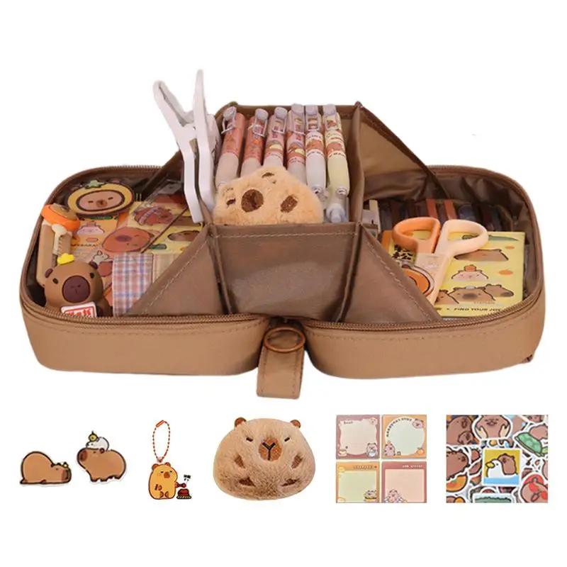 Capybara Themed Stationery Set Cute Pencil Case With Stickers, Keychain, Doll And More Wide Opening Pencil Organizer For Student