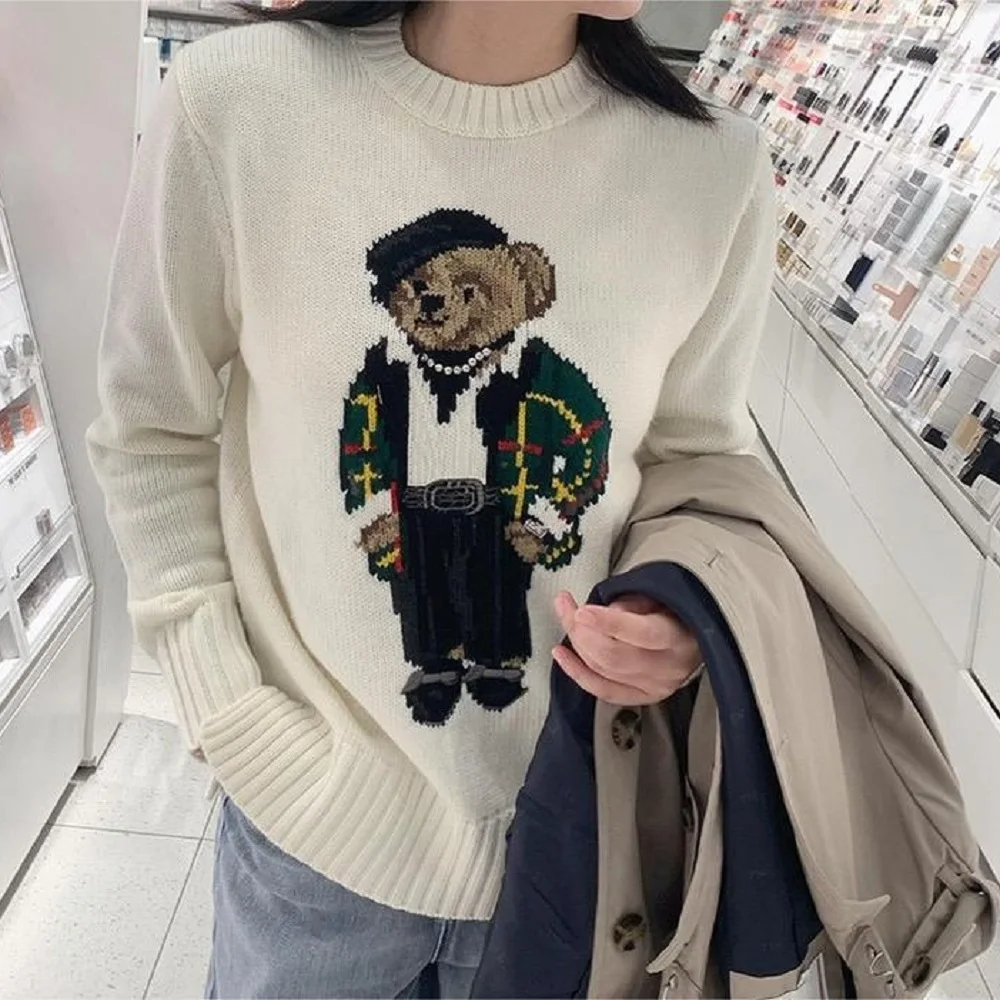 New Women's Knitted Sweater Pure Cotton Cartoon Bear High Quality Autumn and Winter Sweater Christmas Atmosphere Lady