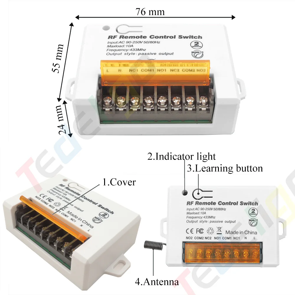 Universal Garage Door Motor Light Gate Remote Controller Switch Wireless AC 110V 220V 2CH Relay Receiver Module with Transmitter