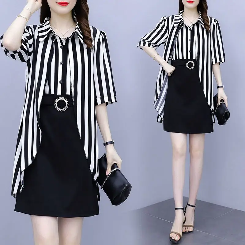 Fashion Female Striped Spliced Fake Two Pieces Midi Dress Casual Summer Chiffon Straight Belt Polo-Neck Single-breasted Dresses