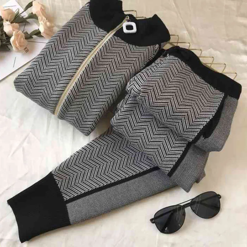 

Knitted Cardigan Trousers Set for Women, Female Sports Suit, Thread Pattern, Casual Trouser Suits Spring Autumn Fashion, 2-Piece