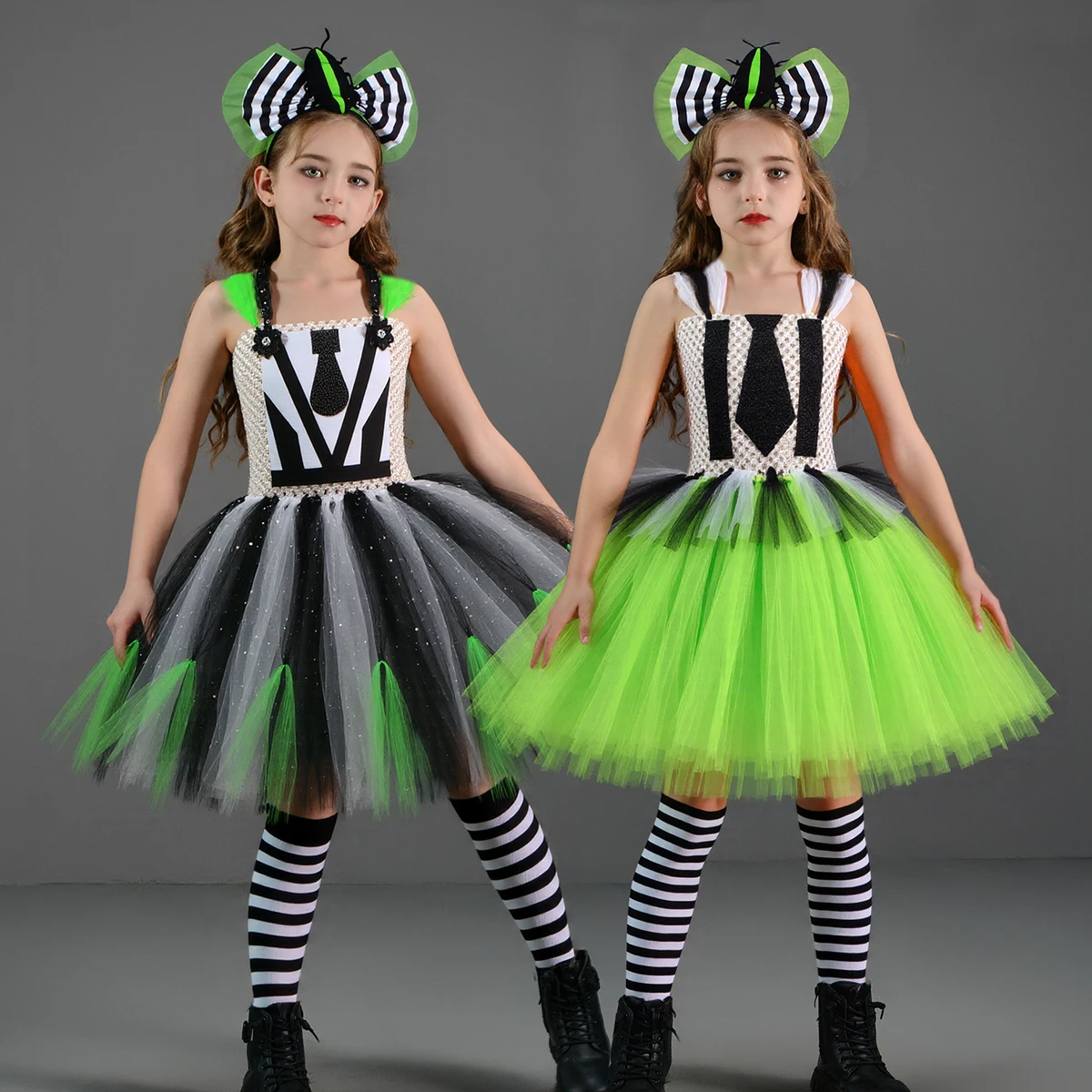 Kids Beetle Juice Costume Girls Black White Striped Tulle Tutu Dress Girls Halloween Carnival Party Princess Dress Up Clothes