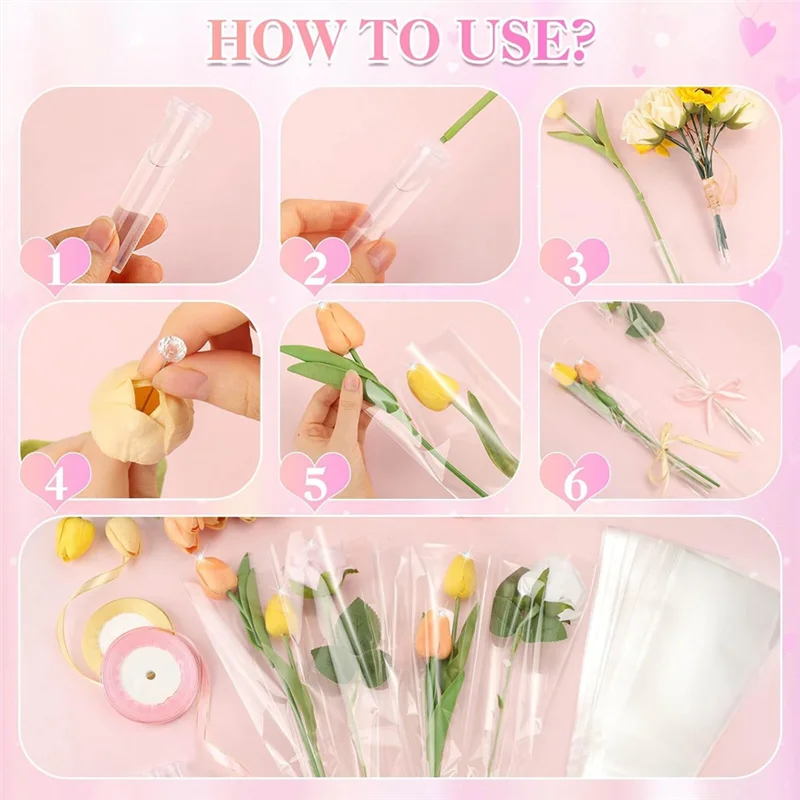 A92P 50 قطعة كم وردي واحد مع أنابيب مياه زهرية لباقات عيد الحب وعيد الأم لعيد الحب Da