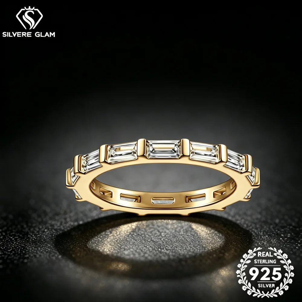 925 Sterling Silver Baguette Cut Full Eternity Band Ring Cubic Zirconia Multi Tone Stackable Wedding Fine Jewelry For Women