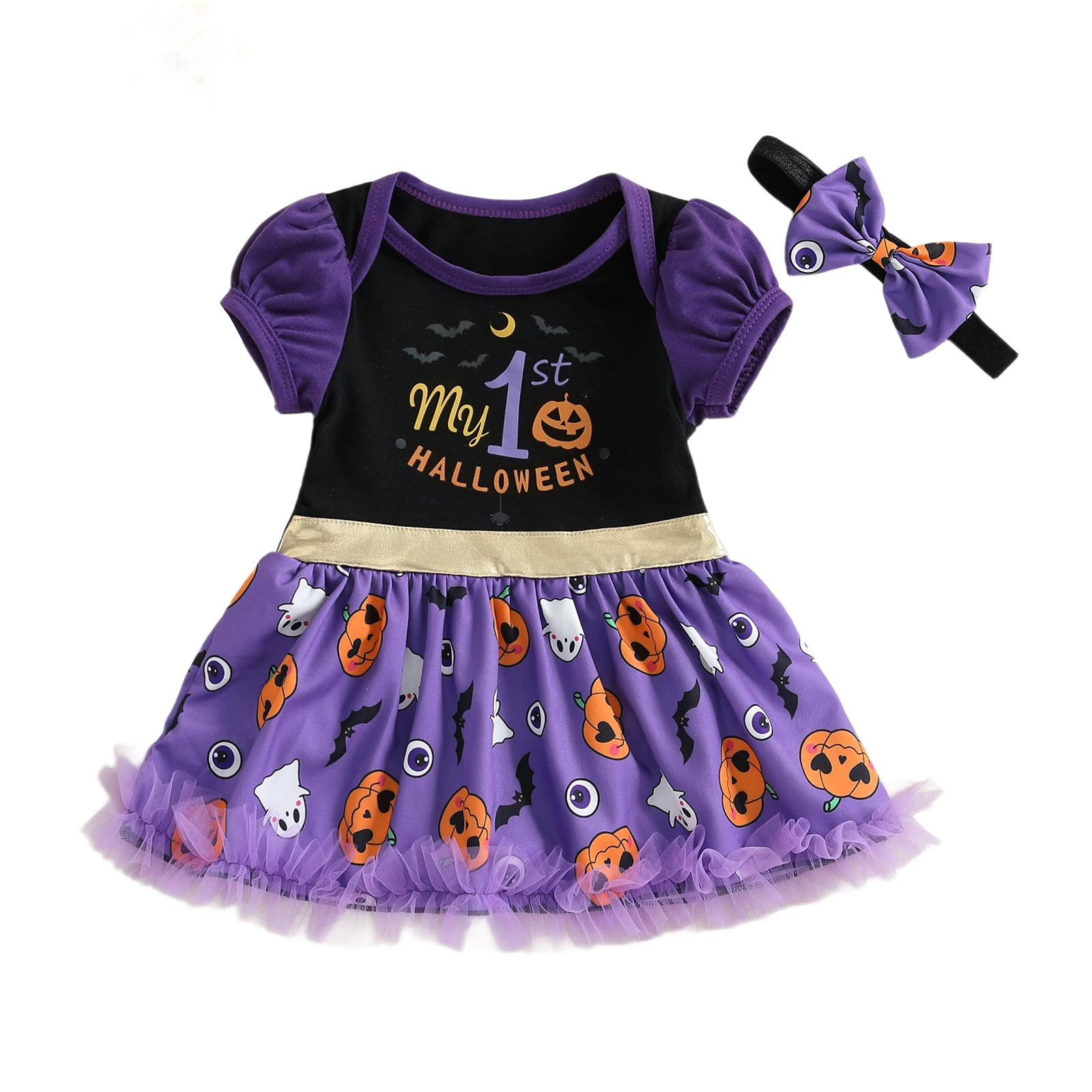 

Newborn Girl Outfit, Short Sleeve Letters Pumpkin Ghost Print Romper Dress with Headband Halloween Clothes