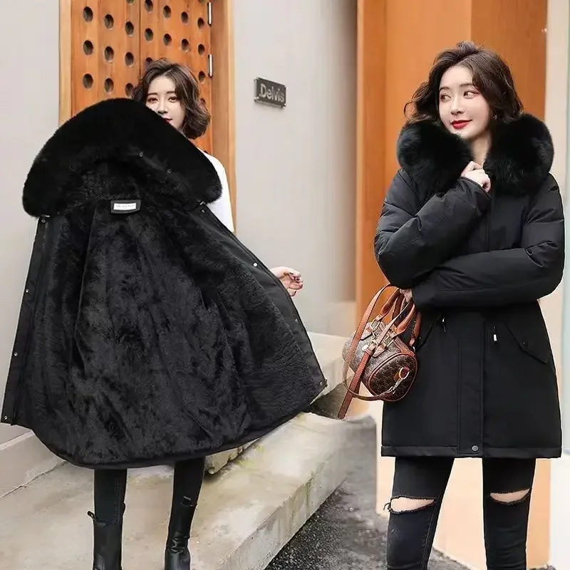 2024 New Women's Medium-length Waist-fitted Slimming Hooded Fleece-lined Cotton Coat Korean Style Autumn winter Warm Jacket