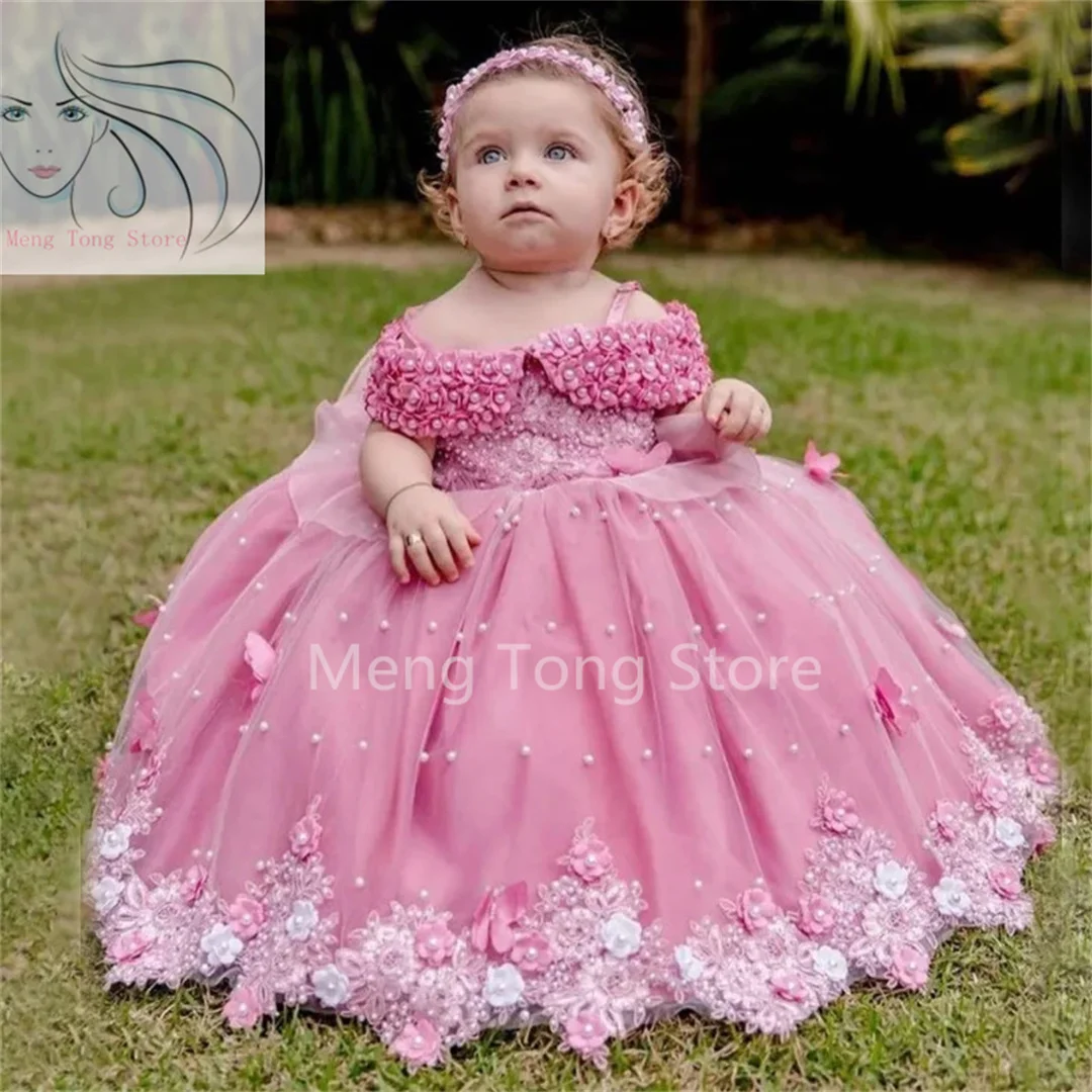 Flower Girl Dress Flower Girl Dresses Tulle Pearls Butterfly Flowers Short Sleeve For Wedding Birthday Party Banquet Princess Go