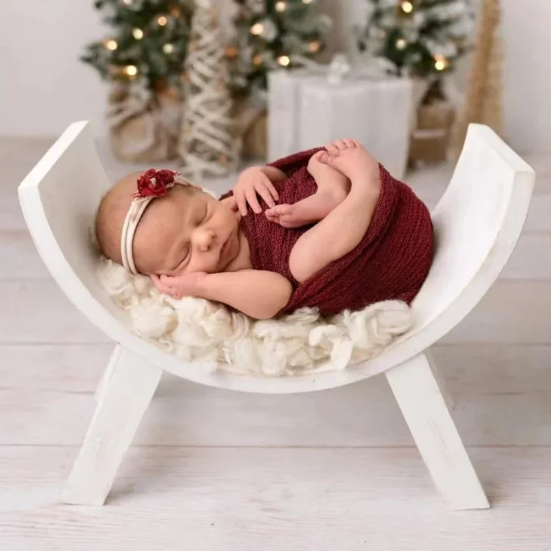 U-Shaped Wooden Stool Distressed White Solid Wood Half Round Design Dual-Use as Photography Prop Posture Corrector Home Studio