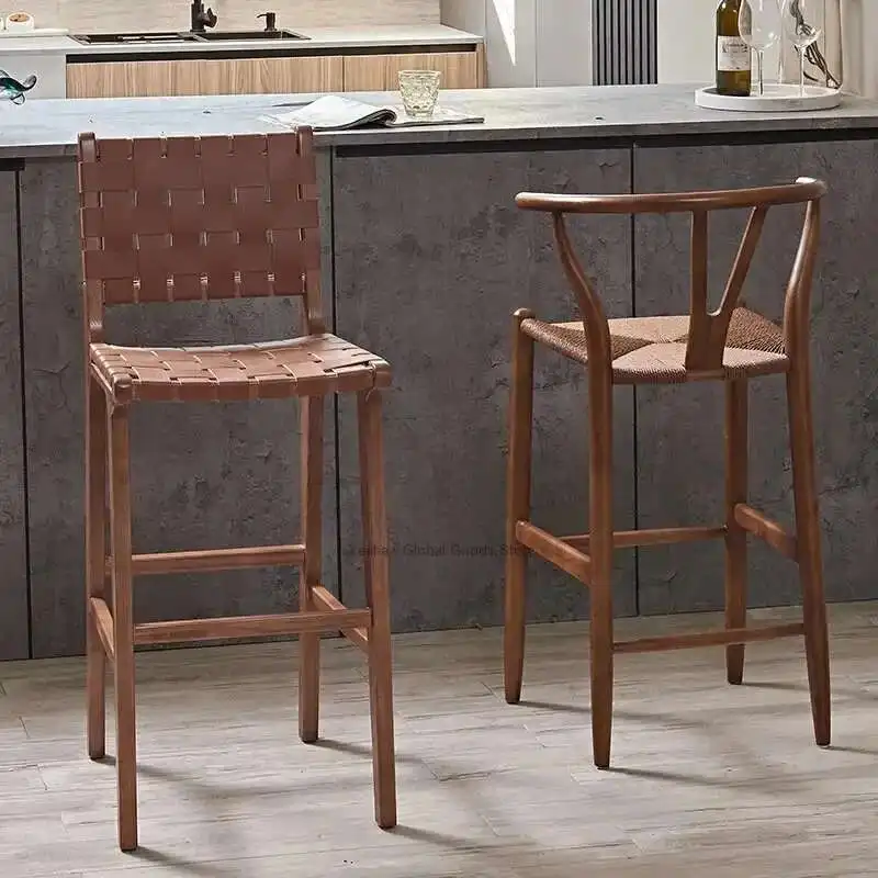 Скандинавская простая ретро-барная мебель из массива дерева, барные стулья из ротанга, домашняя креативная стойка регистрации, высокие табуреты, современный барный стул со спинкой