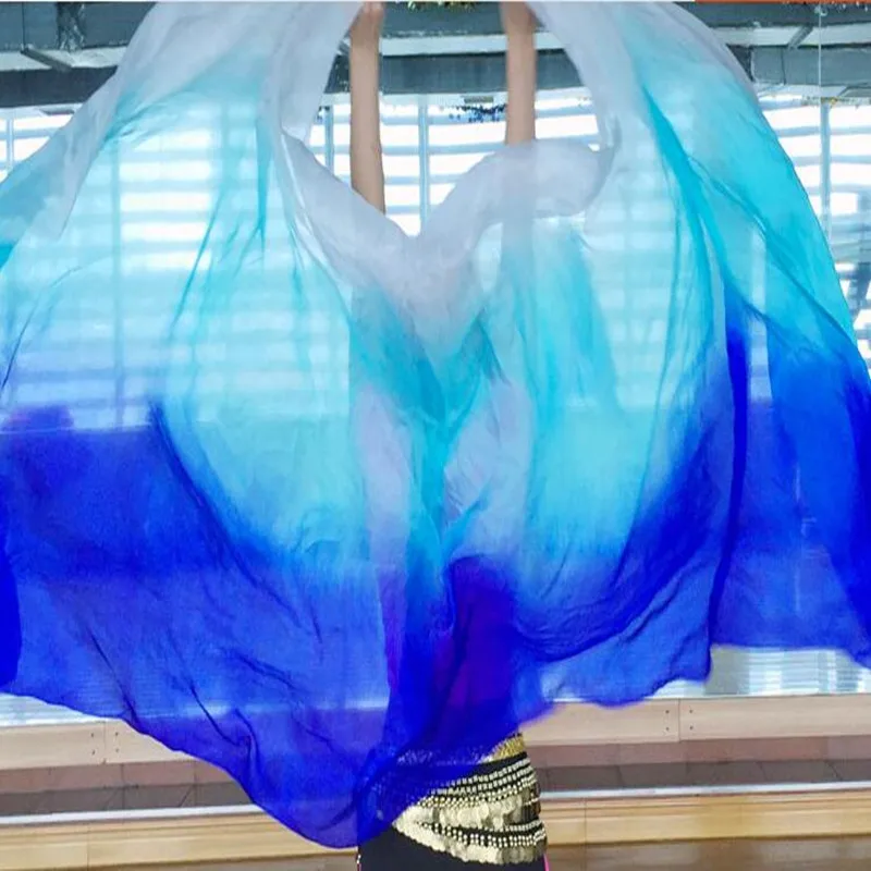 100% Pure Silk  Belly Dance Veil For Belly Dancers Scarf Shawl Gradient Color White-Blue 250*114cm For Women Stage Show Props