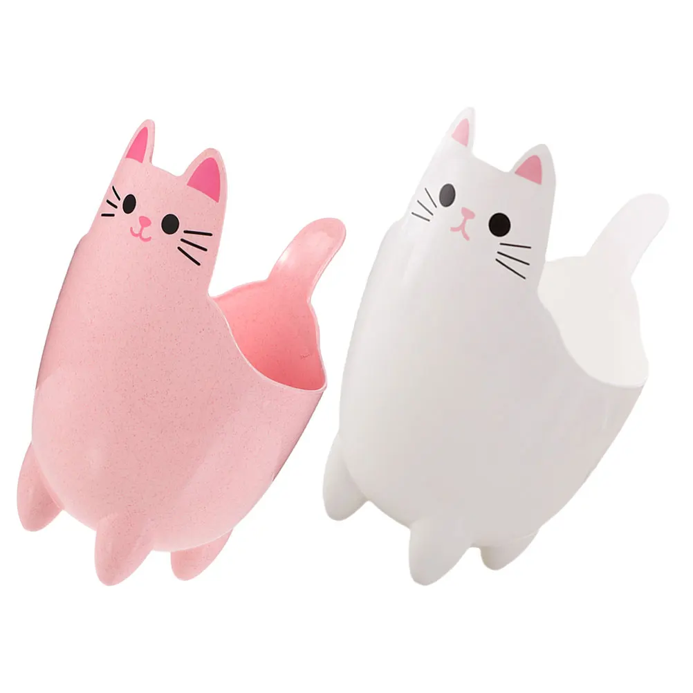 

2pcs Cat Shaped Desktop Trash Can Small Storage Bucket White Pink Mini Plastic Garbage Holder Cartoon Design Reliable