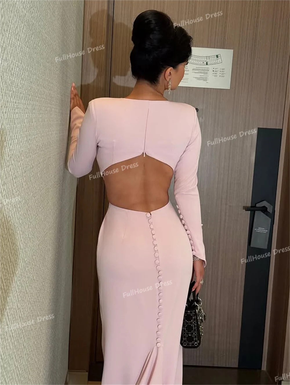 맞춤 제작 모던 V넥 긴팔 솔리드 사우디 가운 백리스 플로어 기장 섹시 머메이드 버튼 이브닝 드레스 (코트 포함)