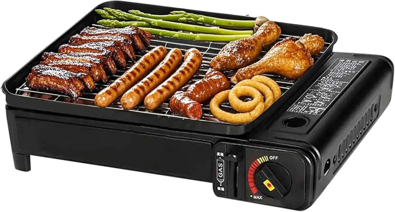 

Portable Butane Gas Grill Stove Dual Inlets Adjustable Firepower with Carrying Case Grill Net for Camping Outdoor Use