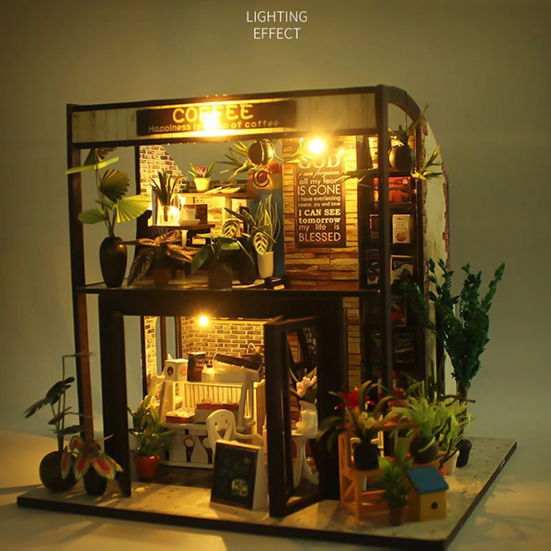 Kreative 3D Coffee Shop zusammengebaute Bausätze Modell mit Lichtern Holzpuzzles Desktop-Dekoration Spielzeug Geschenk für Kinder