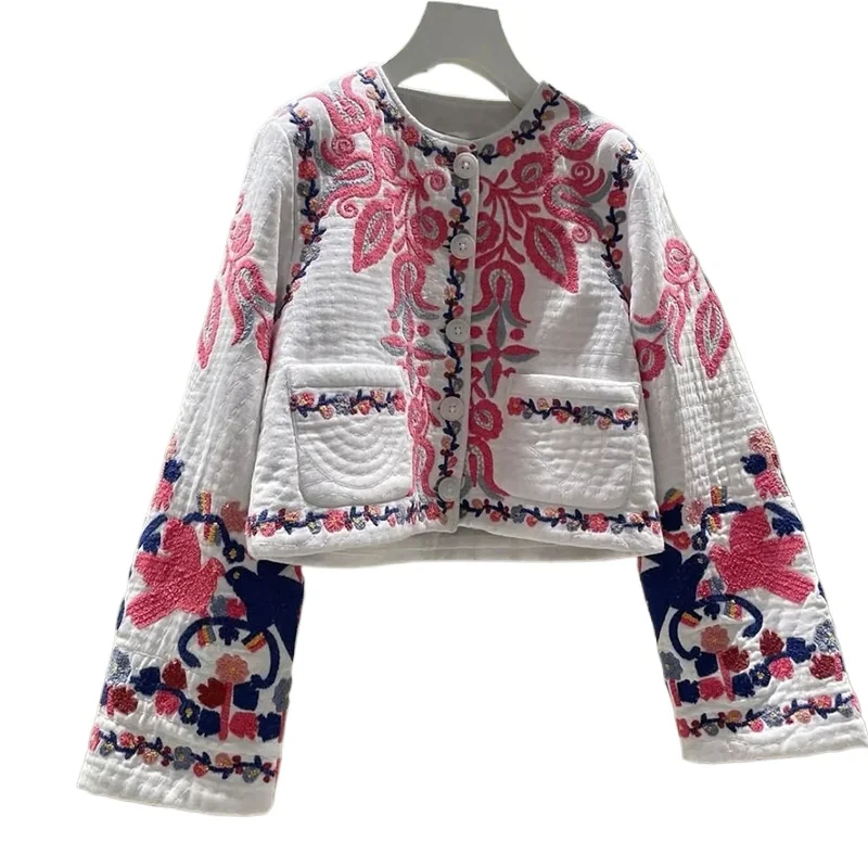 Damska kurtka vintage z haftem, okrągły dekolt, długi rękaw, luźna, wygodna, ciepła bluzka damska na zimę.