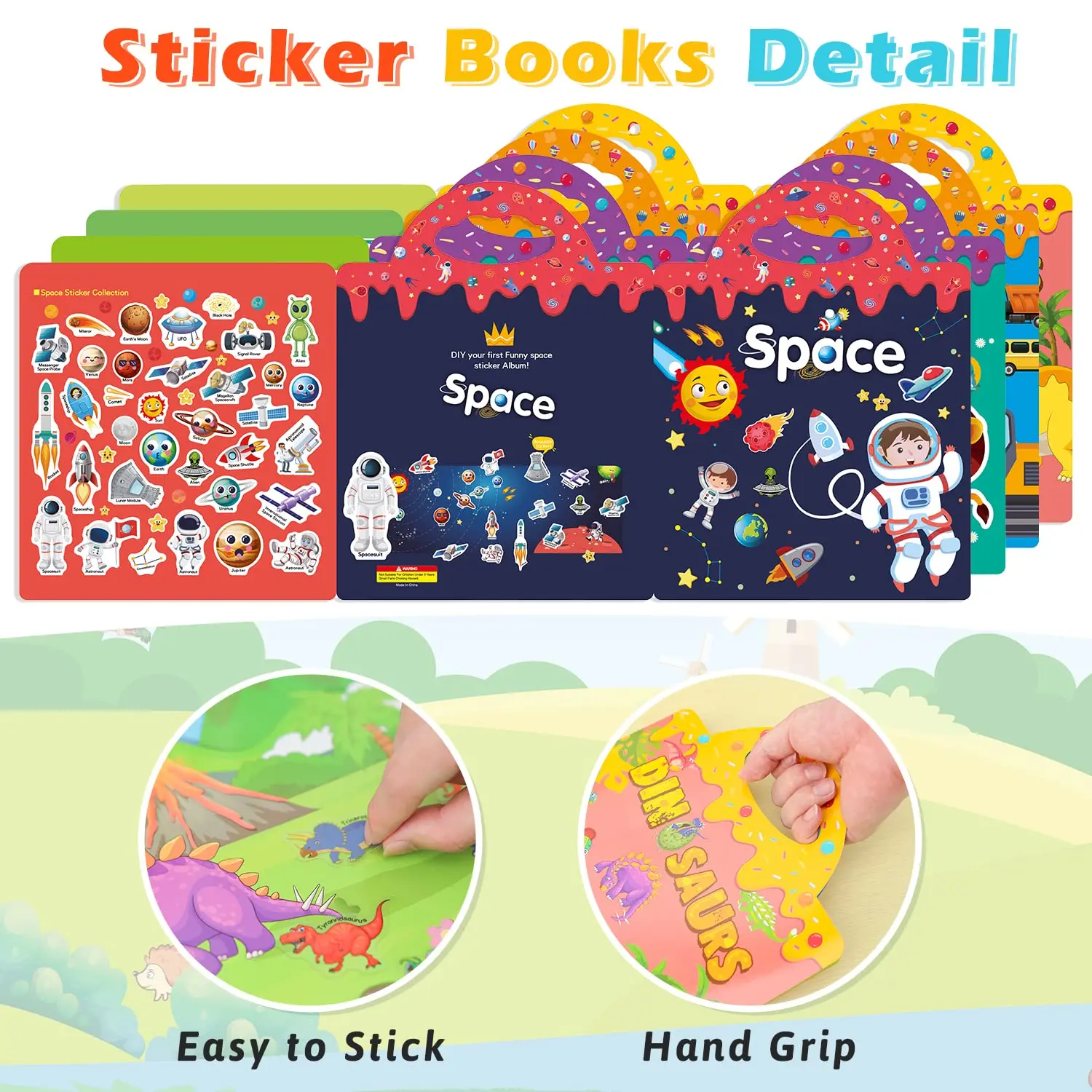 4 Pack Reusable Sticker Books Toys 3D Clear Animal Space Vehicles Dinosaur Sticker Book Educational Learning Toy Birthday Gifts