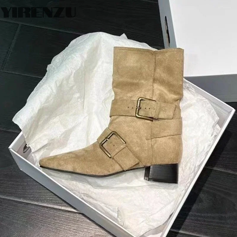 new fashion design khaki suede leather buckle strap pointed toe boss boots punk style goth square heel women shoes