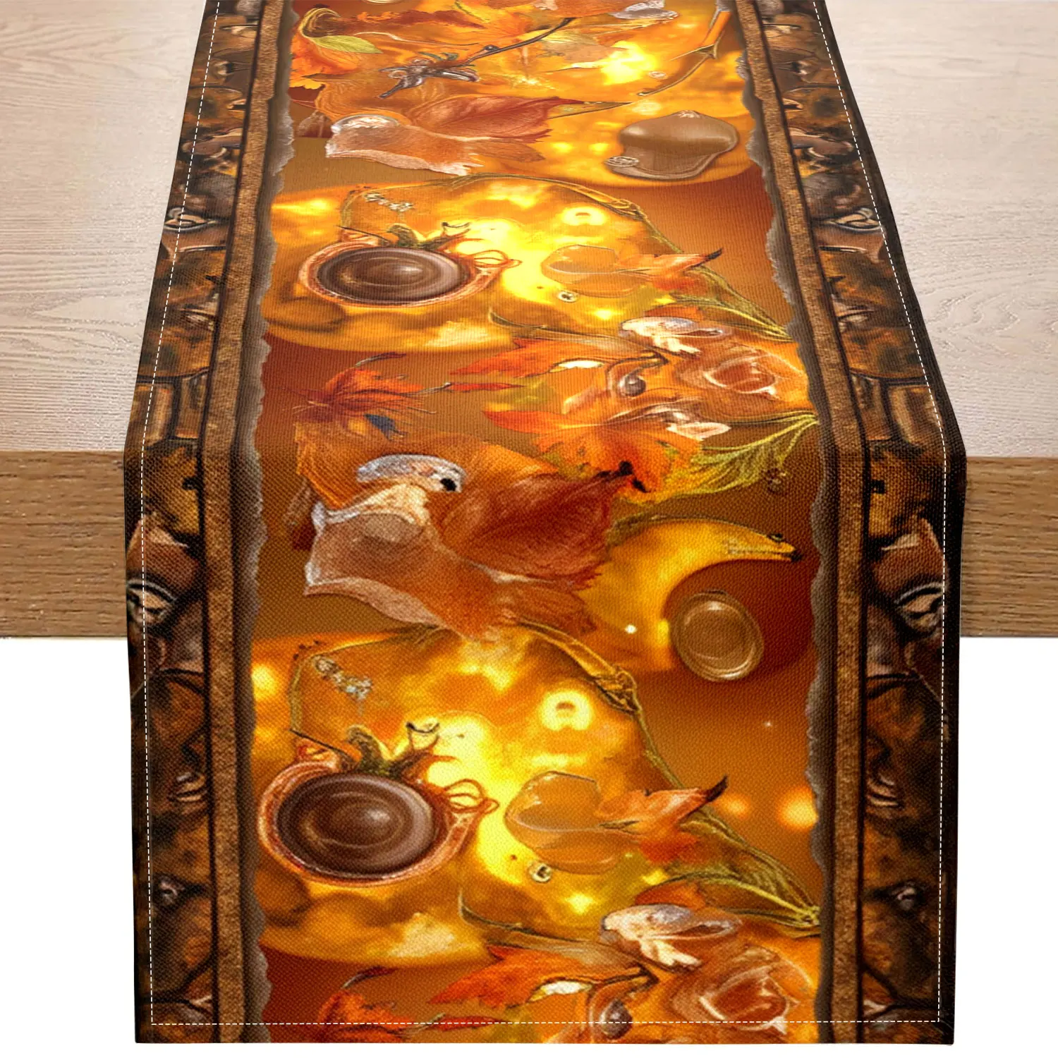 1 Piece of Golden Autumn Leaf-Themed Table Runner, Featuring Golden Leaves, Light Spots, and Animals as Main Motifs, Suitable for Autumn Home Decor and Holiday Decorations