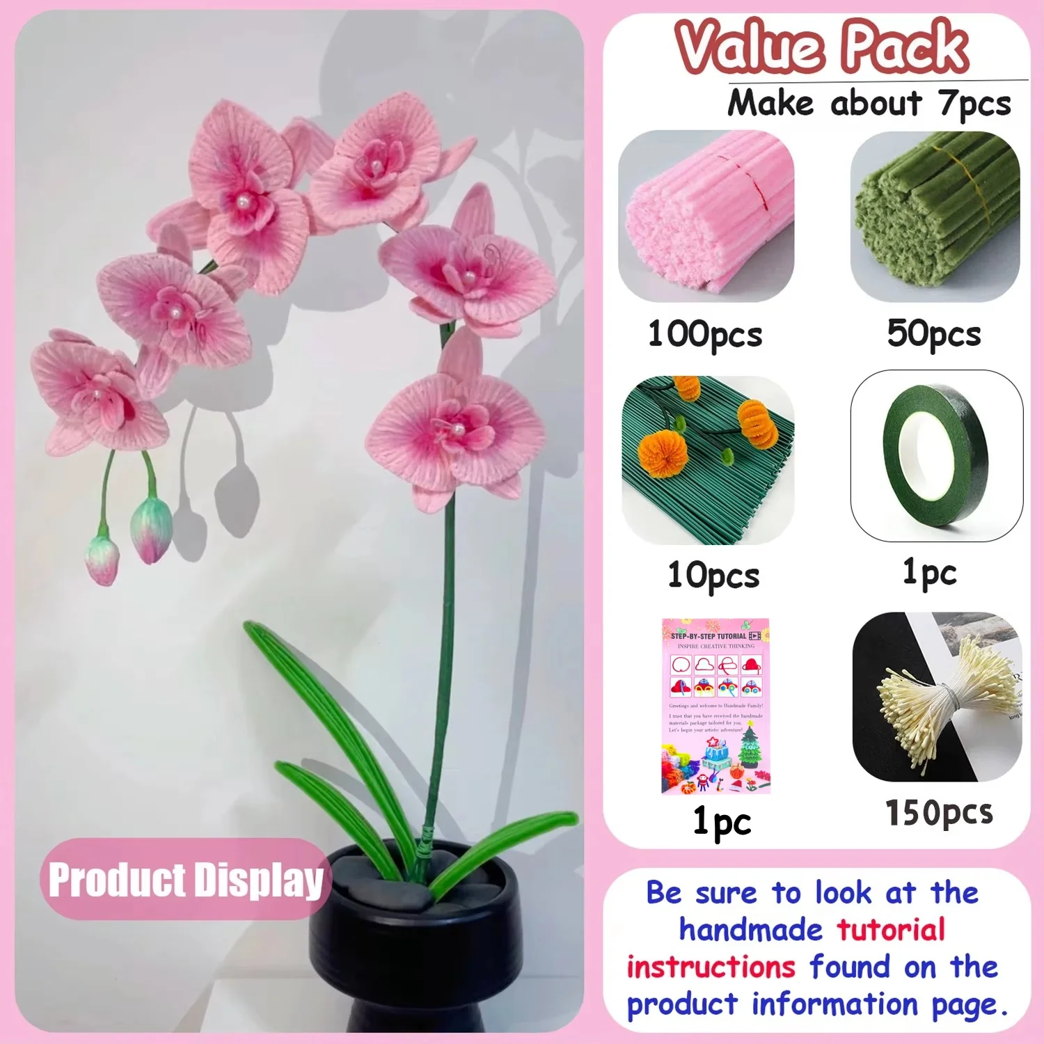 312Pcs Phalaenopsis Flower Bouquet Pipe Cleaner DIY Making Kit, Beginner Friendly, Complete Accessories, with Tutorial Card