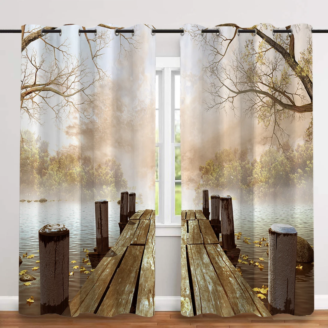 2 Pcs/set Lakeside Pier Thickened Cloth Curtain Nordic Window Blackout Curtains for Bedroom and Living Room