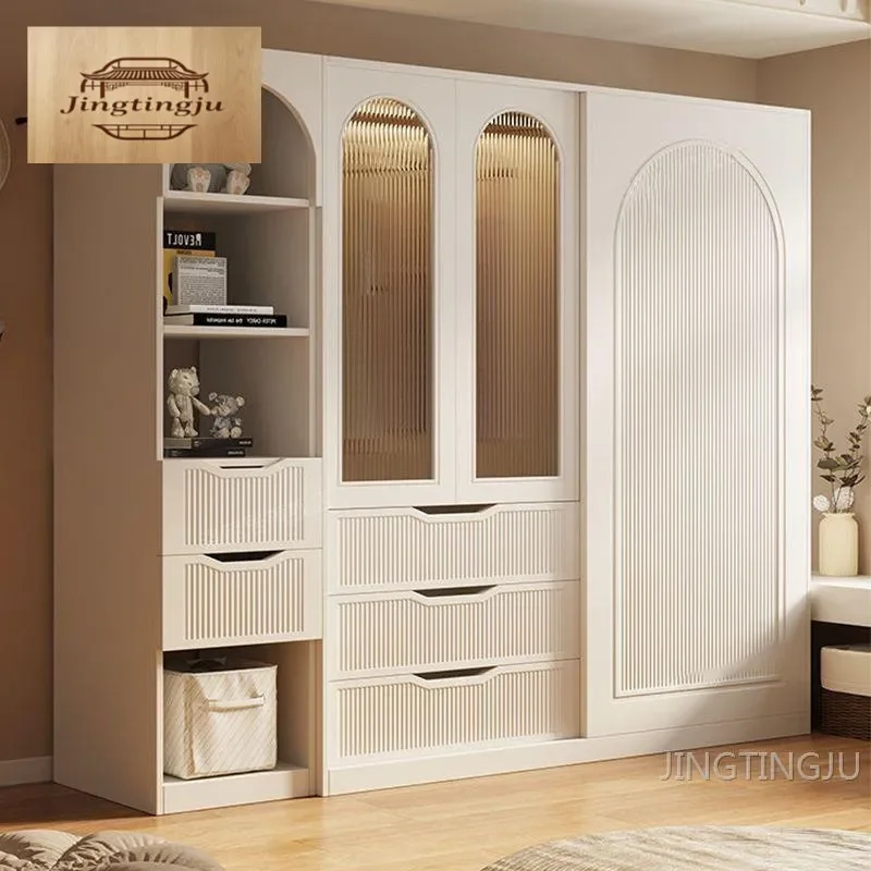 For Small Apartment French Cream Style Light Luxury Sliding Door Wardrobe Household Bedroom Storage Closet Children Furniture