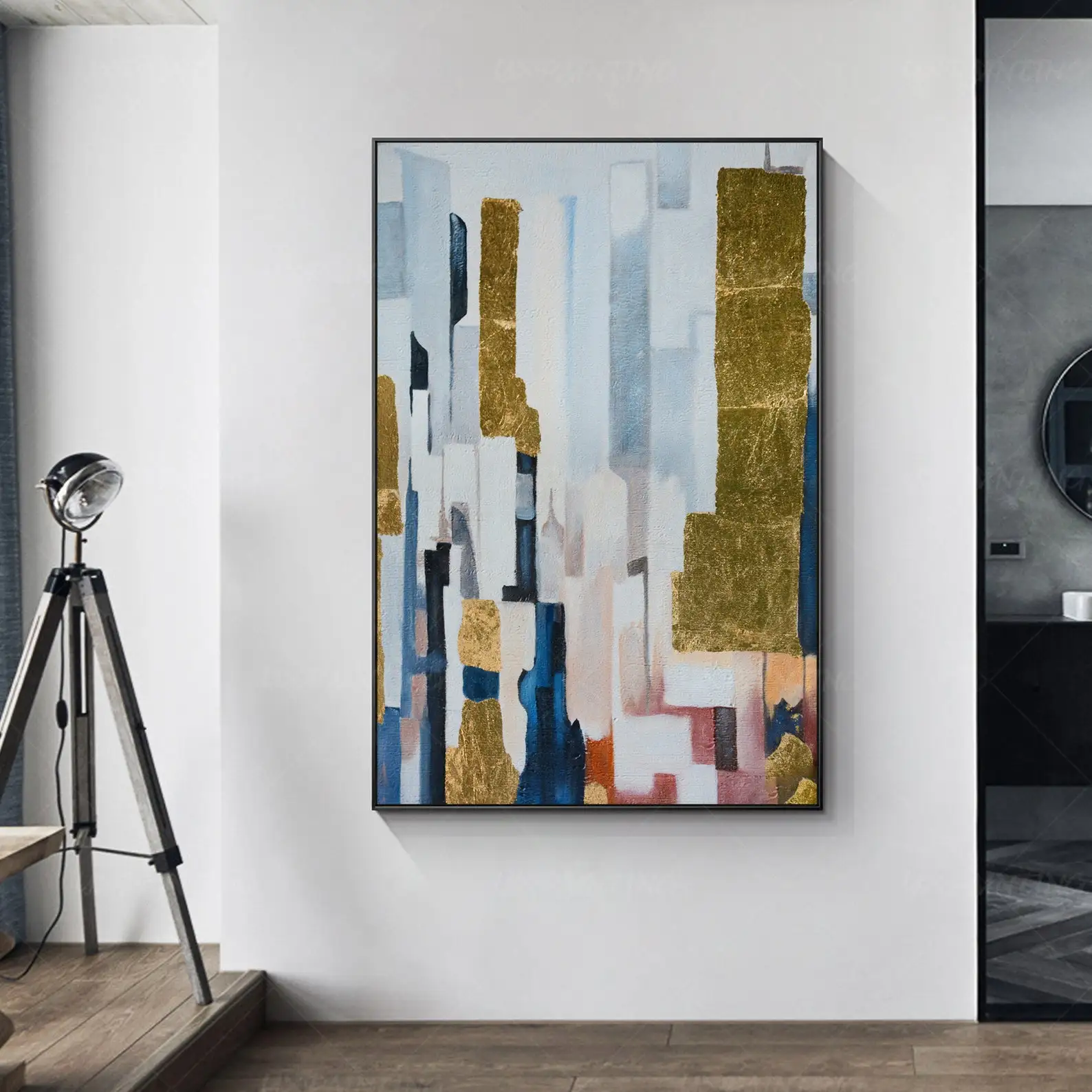 Mhemyo Gold Leaf Acrylic Hand Painted Painting Large Navy Blue Original Abstract Expressionism Canvas Art For Living Home Decor