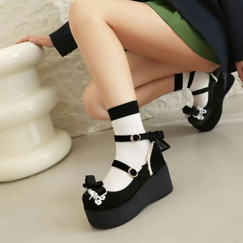 REAVE CAT Lolita Girls Pumps 32 33 Ankle Strap Bowknot Flock Suede Platform 7.5cm Big Size 42 43 Sweet Dating Women Shoes