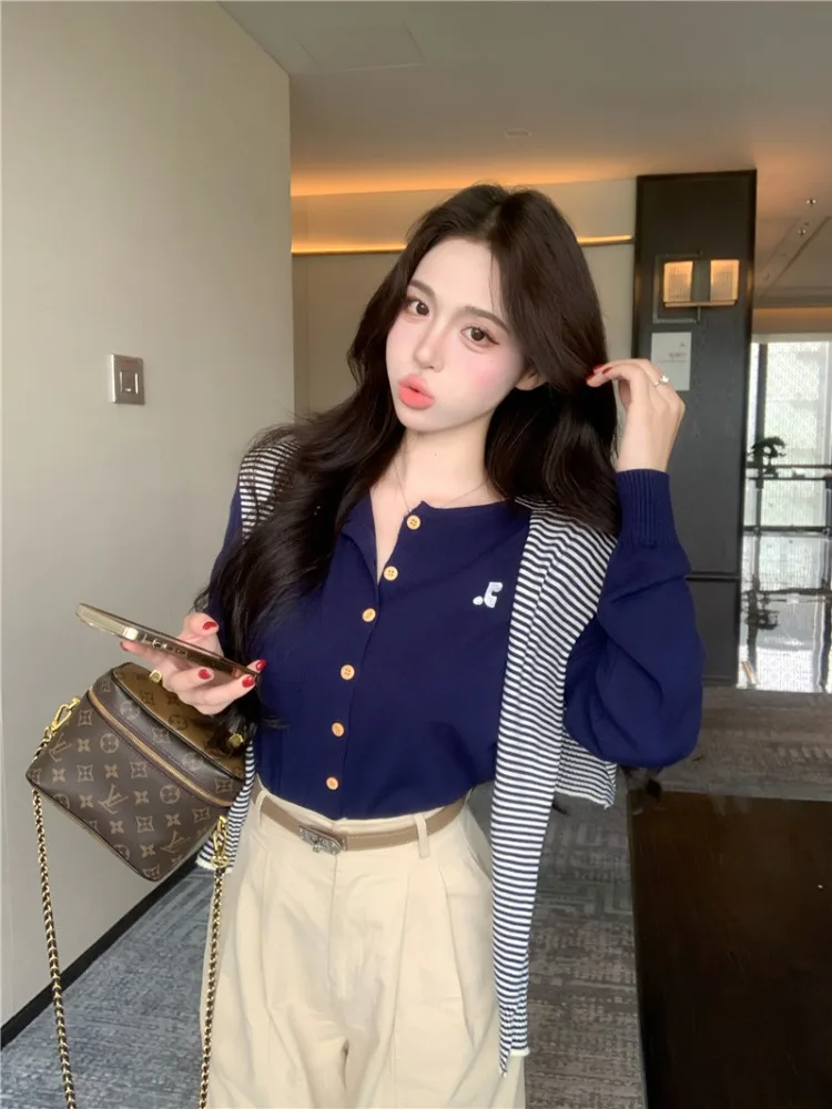 

Korean Style Casual Embroidered round Neck Knitted Open Cardigan Women's Autumn Design Slimming Long Sleeve Top